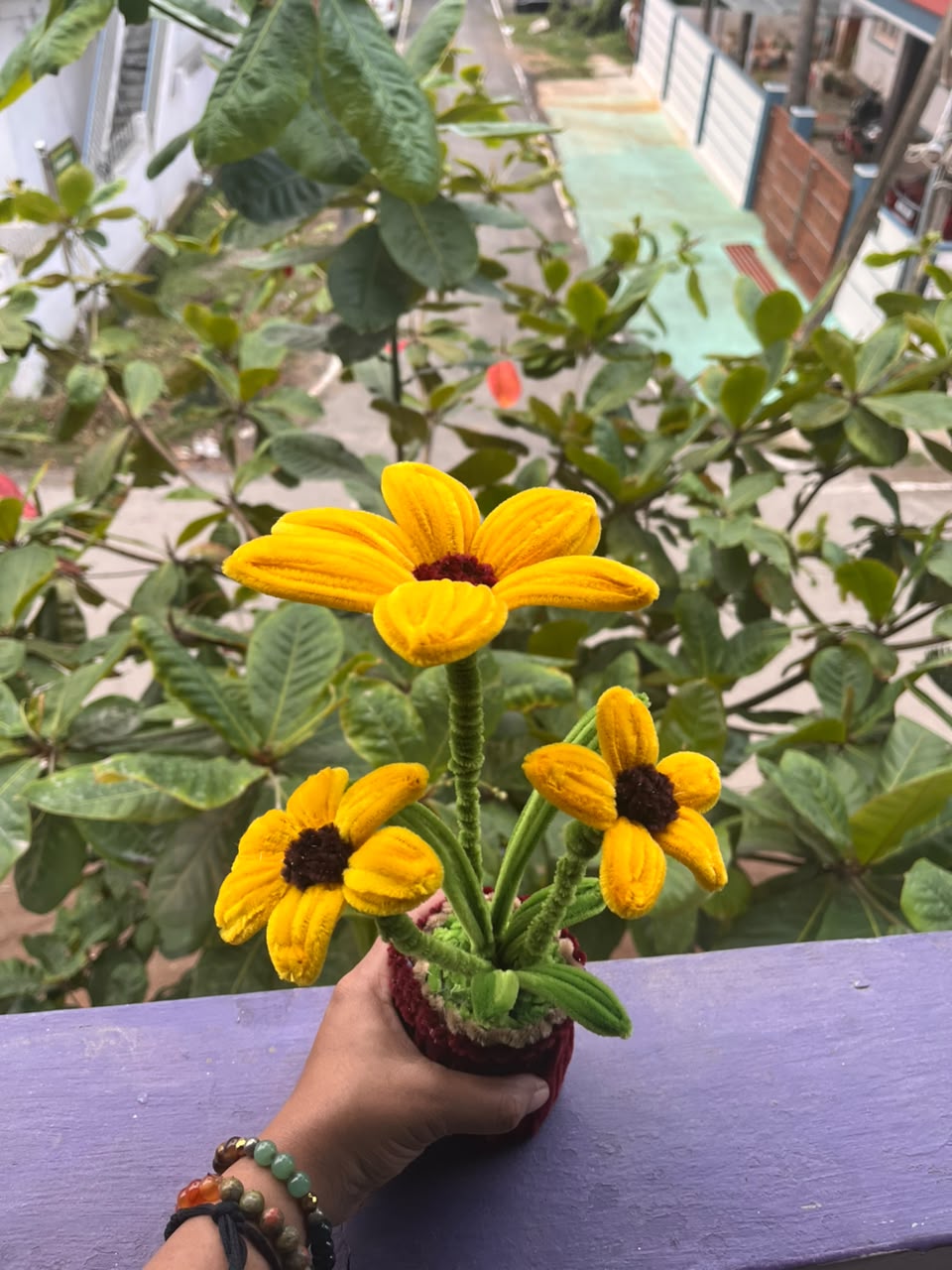Handmade Velvet Potted Sunflower Plant (3 Stems in Pot)