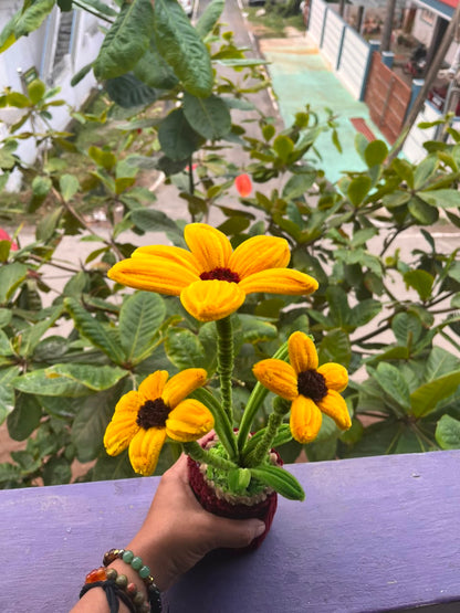 Handmade Velvet Potted Sunflower Plant (3 Stems in Pot)