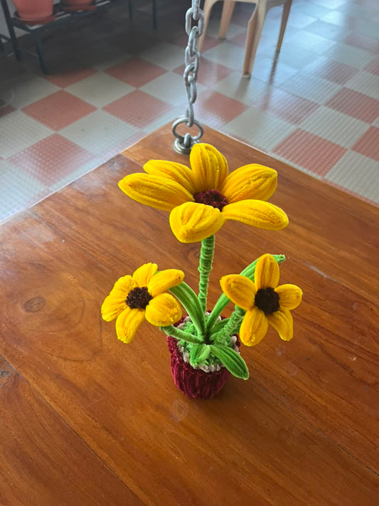 Handmade Velvet Potted Sunflower Plant (3 Stems in Pot)