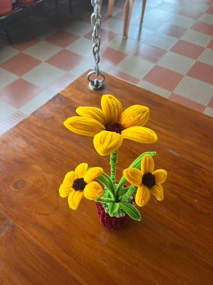 Handmade Velvet Potted Sunflower Plant (3 Stems in Pot)